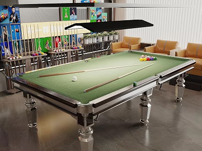 Modern Billiard Room Interior With Green Felt Table Billiard Balls Cues And Comfortable Armchairs 3d model