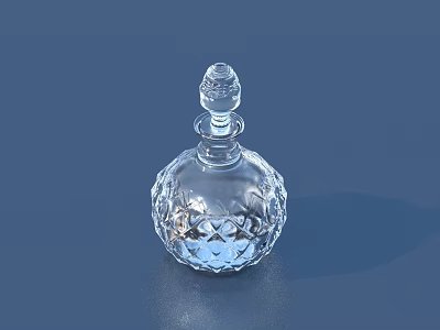 Elegant Transparent Crystal Wine Bottle And Glass With Intricate Carvings On Blue Surface 3d model