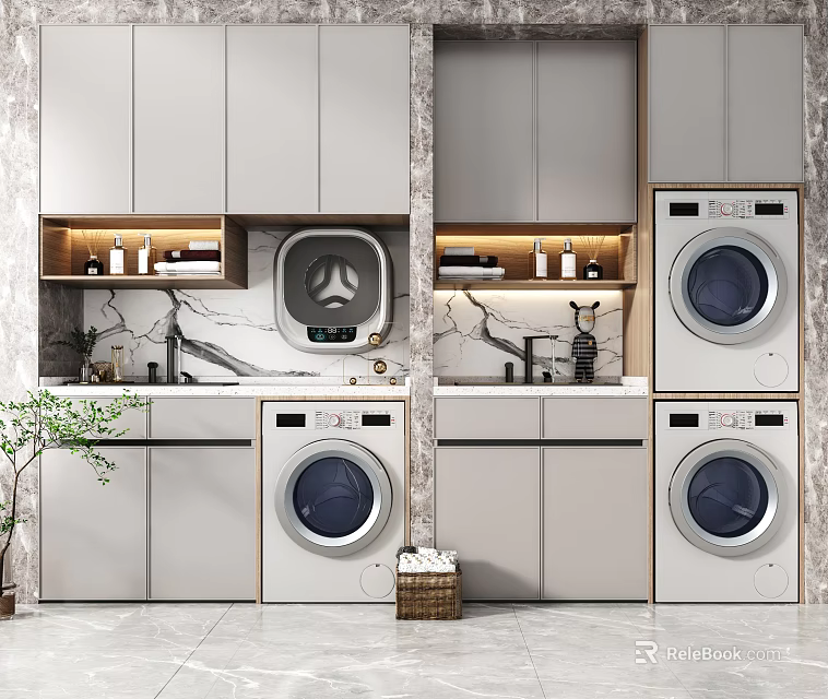 Modern Bathroom Cabinet Rack With Light Gray Storage Cabinets Marble Countertops And Built In Washers 3d model 
