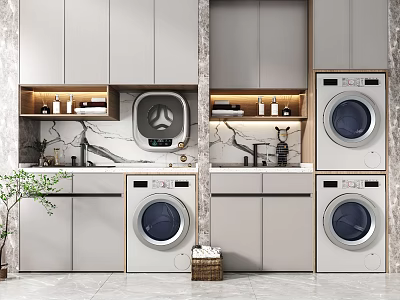Modern Bathroom Cabinet Rack With Light Gray Storage Cabinets Marble Countertops And Built In Washers 3d model