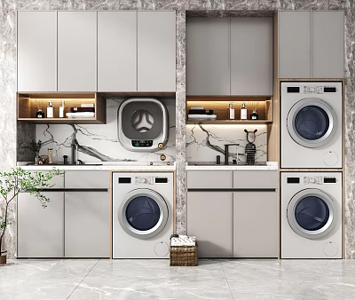 Modern Bathroom Cabinet Rack With Light Gray Storage Cabinets Marble Countertops And Built In Washers 3d model