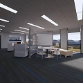 Bright Public Office Space With Open Cubicles Desks Computers And Ceiling Lights 3d model