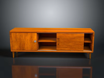 Vintage Wooden TV Stand With Cabinet Doors Open Shelves And Tapered Legs 3d model