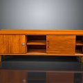 Vintage Wooden TV Stand With Cabinet Doors Open Shelves And Tapered Legs