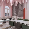 Café Interior With Pink Walls Hanging Decorations Staircase Green Chairs And Long Table