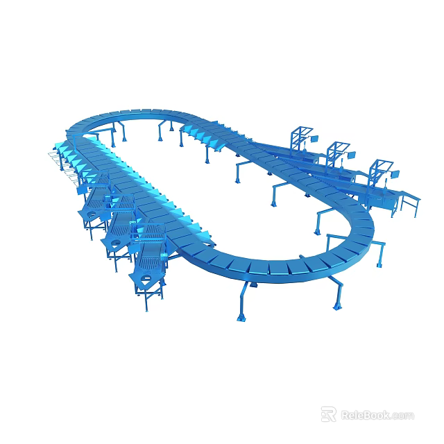 Blue Curved Industrial Conveyor System With Support Frames For Logistics 3d model 