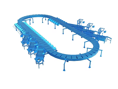 Blue Curved Industrial Conveyor System With Support Frames For Logistics 3d model