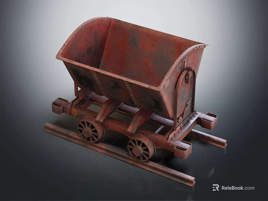 Vintage Rusty Mine Cart With Metal Wheels On Wooden Tracks 3d model 
