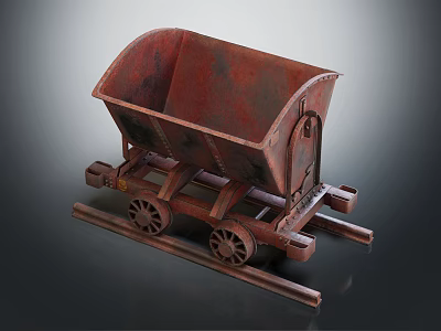 Vintage Rusty Mine Cart With Metal Wheels On Wooden Tracks 3d model