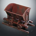 Vintage Rusty Mine Cart With Metal Wheels On Wooden Tracks