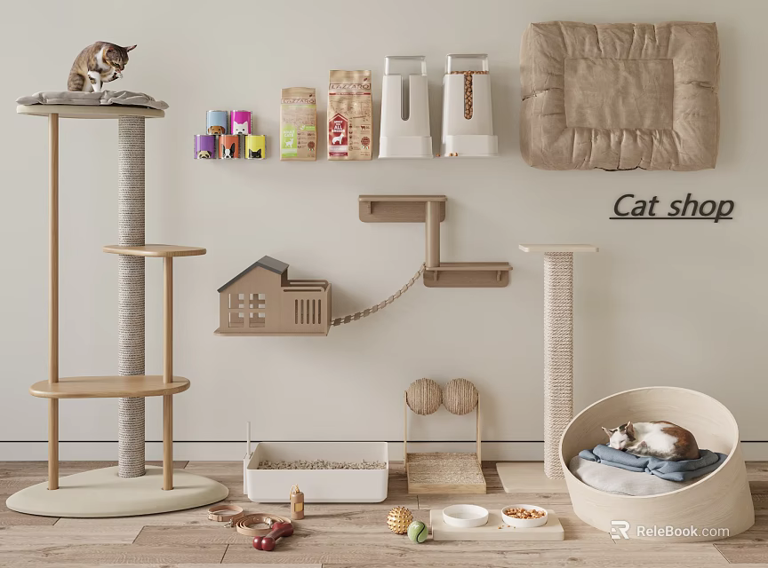 Sturdy Multi Level Cat Tree Featuring Scratching Posts Platforms Cozy Bed And Play Toys 3d model