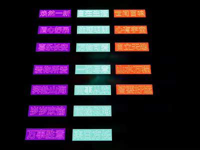 Colorful Neon Signs With Chinese Four Character Phrases On Black Background 3d model