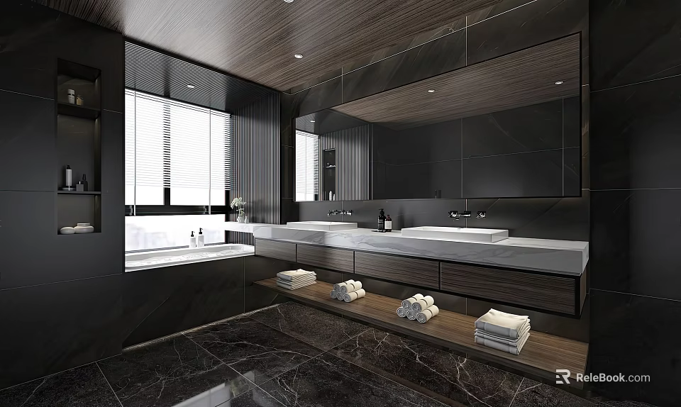 Luxury Modern Dark Tone Bathroom With Double Sinks Large Mirror Bathtub And Premium Marble Finishes 3d model 