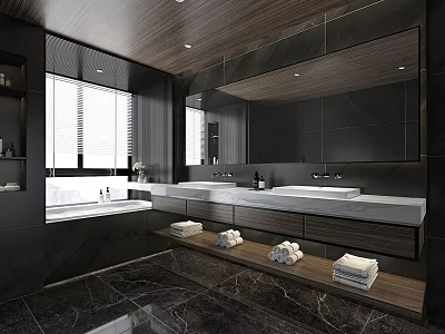 Luxury Modern Dark Tone Bathroom With Double Sinks Large Mirror Bathtub And Premium Marble Finishes 3d model
