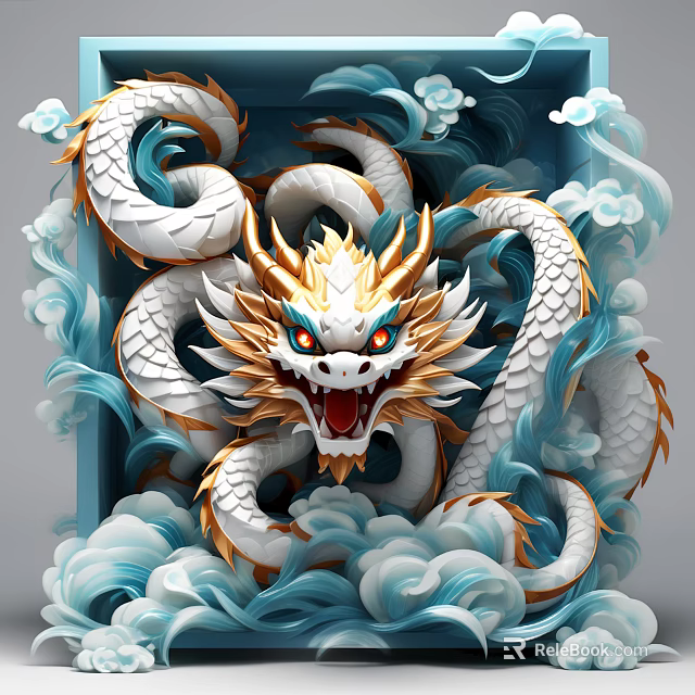 White And Gold Scaled Dragon With Blue Cloud Patterns Surrounded By Clouds And Wave Decorations 3d model 