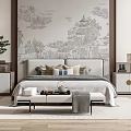 Elegant Double Bed With Traditional Chinese Wall Mural Bedside Tables And Decorative Pillows