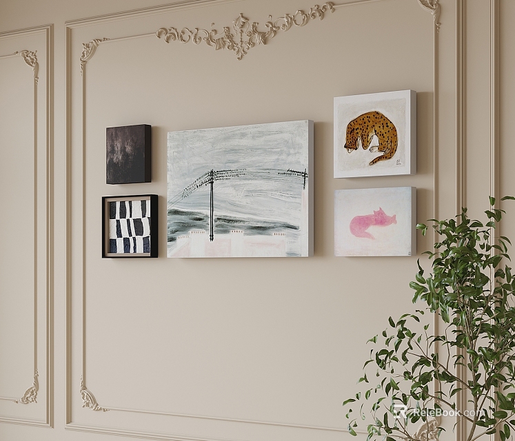 Abstract Painting Display With Multiple Artworks On Elegant Wall And Green Plant 3d model 