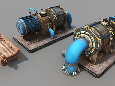 Heavy Industrial Pumps Featuring Blue Pipes And Metal Motors On Bases 3d model