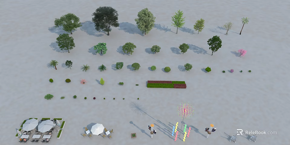 Road Facilities With Green Trees Shrubs Public Seating And Decorative Elements 3d model