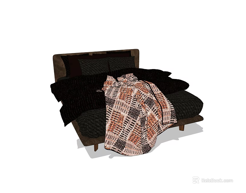 Modern Double Bed with Dark Frame Patterned Blanket and Plush Pillows Comfortable Design 3d model