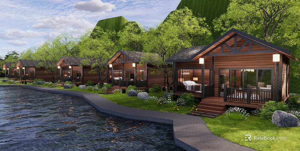 Wooden Detached Villa By Riverside With Green Trees Lawn And Terrace 3d model 