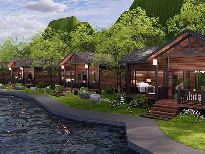 Wooden Detached Villa By Riverside With Green Trees Lawn And Terrace 3d model