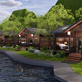 Wooden Detached Villa By Riverside With Green Trees Lawn And Terrace