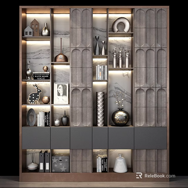 Modern Display Cabinet With Layered Shelves LED Lighting And Decorative Vases Books 3d model 