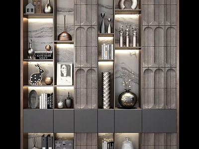 Modern Display Cabinet With Layered Shelves LED Lighting And Decorative Vases Books 3d model
