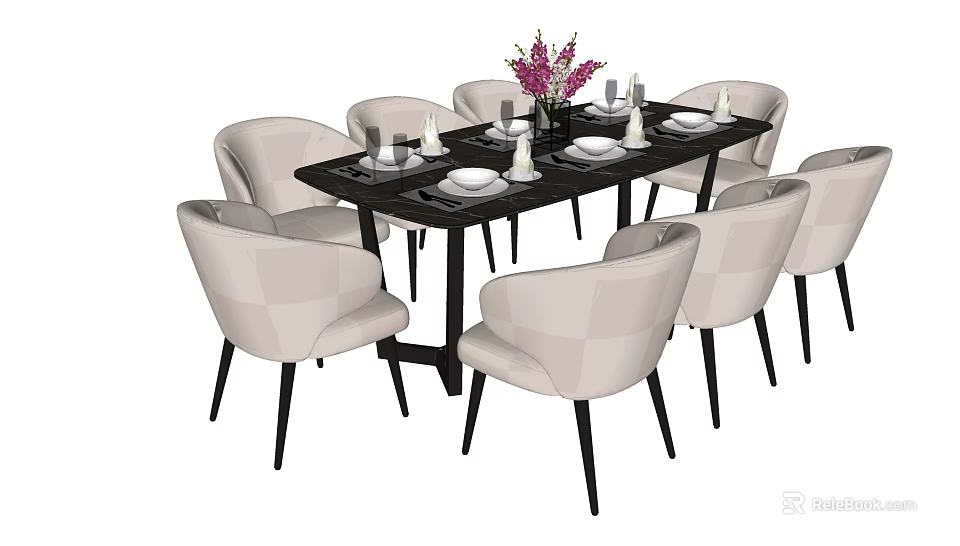 Elegant Modern Dining Table Set With Beige Chairs Tableware And Flowers 3d model