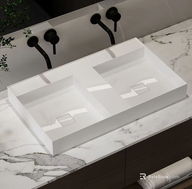 Double White Washbasin in Modern Bathroom with Marble Countertop and Black Faucets 3d model 