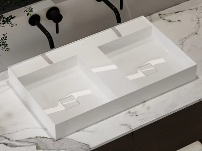 Double White Washbasin in Modern Bathroom with Marble Countertop and Black Faucets 3d model