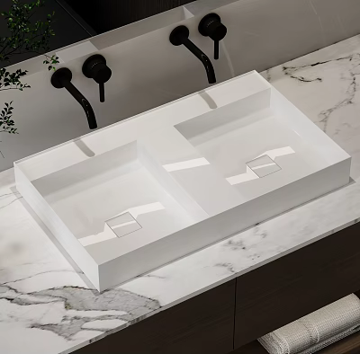 Double White Washbasin in Modern Bathroom with Marble Countertop and Black Faucets 3d model