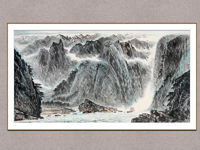 Traditional Chinese Landscape Painting With Misty Mountains Waterfall River And Small Boat 3d model