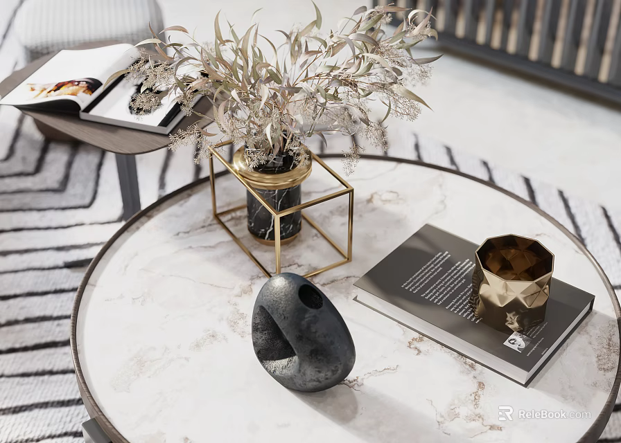 Living Dining Room Interior With Round Marble Coffee Table Gold Frame Vase And Decorative Objects 3d model 