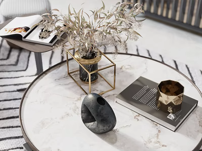 Living Dining Room Interior With Round Marble Coffee Table Gold Frame Vase And Decorative Objects 3d model