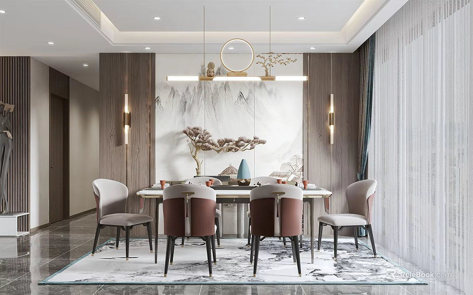 Elegant Modern Restaurant Interior With Marble Dining Table Chairs Pendant Lights And Wall Mural 3d model 