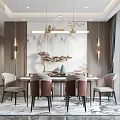 Elegant Modern Restaurant Interior With Marble Dining Table Chairs Pendant Lights And Wall Mural