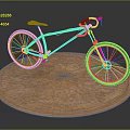 Purple Frame Bicycle With Blue Wheels And Orange Seat On Circular Wooden Platform