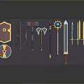Various Medieval Weapons Collection Including Shield Bow Arrows Hammers Axes Staff And Swords