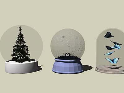 Festive Decorative Ornament Set With Christmas Tree Snow Globe And Butterfly Glass Dome Bases 3d model