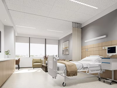 Modern Hospital Outpatient Room With Bed Medical Equipment Large Windows And Decorative Painting 3d model