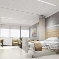 Modern Hospital Outpatient Room With Bed Medical Equipment Large Windows And Decorative Painting