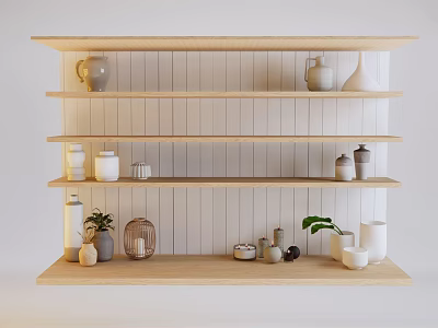 Wooden Display Shelf with Multiple Layers Showcasing Ceramic Jars Vases Small Plants for Home Decor 3d model