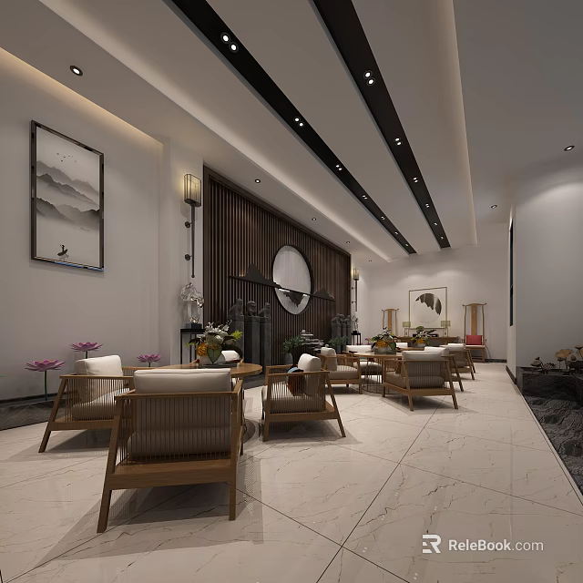 Elegant Chinese Leisure Area Interior With Wooden Chairs Round Mirror And Marble Floor 3d model 