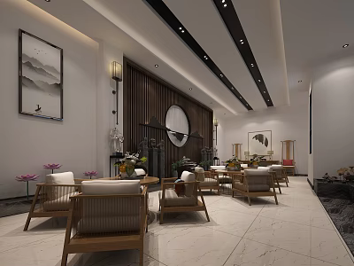 Elegant Chinese Leisure Area Interior With Wooden Chairs Round Mirror And Marble Floor 3d model