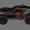 Black Modified Off Road Vehicle With Skull Design Orange Accents And Large Tires