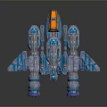 Blue And Silver Striped Spaceship With Red Glowing Engines And Orange Cockpit