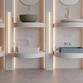 Row of Modern Washbasins With Round Mirrors And Colorful Styles In Bright Lighting