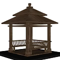 Wooden Pavilion With Multi Tiered Roof Railing And Black Base Platform